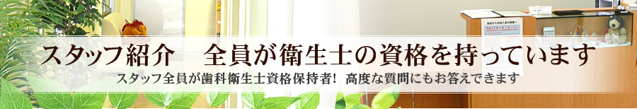 スタッフ紹介 全員が衛生士の資格を持っています スタッフ全員が歯科衛生士資格保持者！ 高度な質問にもお答えできます